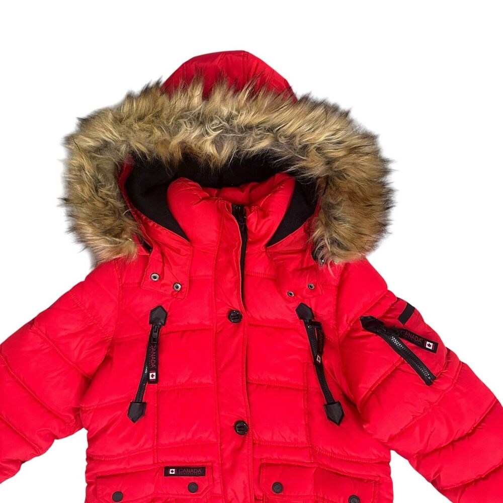 Canada Weather Gear Coat Womens L Red Puffer Parka Hooded Faux Fur Long EUC - Picture 2 of 12